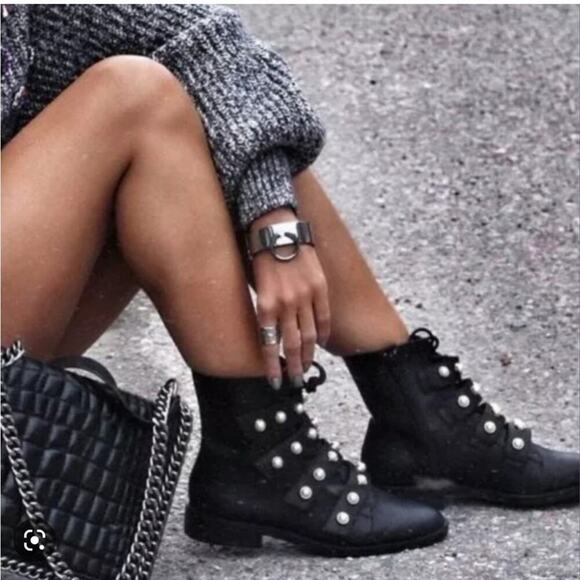 Zara Pearl Strap Black Leather Combat Ankle Boots Size 6 - Picture 2 of 16